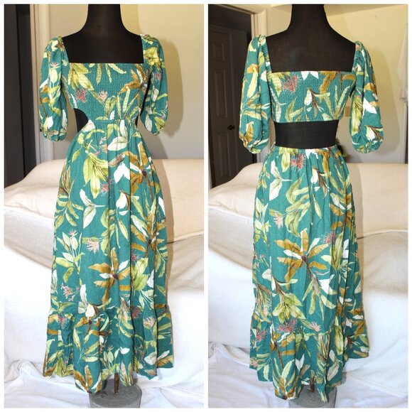 O.P.T Jungle Cut Out Midi Dress Size M Linen Blend Puff Sleeves Hawaiian elastic - Picture 1 of 11